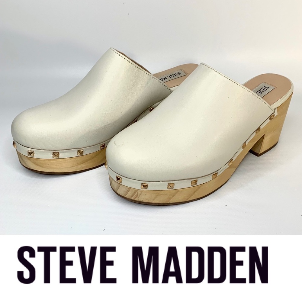 Steve Madden Cream Leather Clogs with Studded Wood Platform